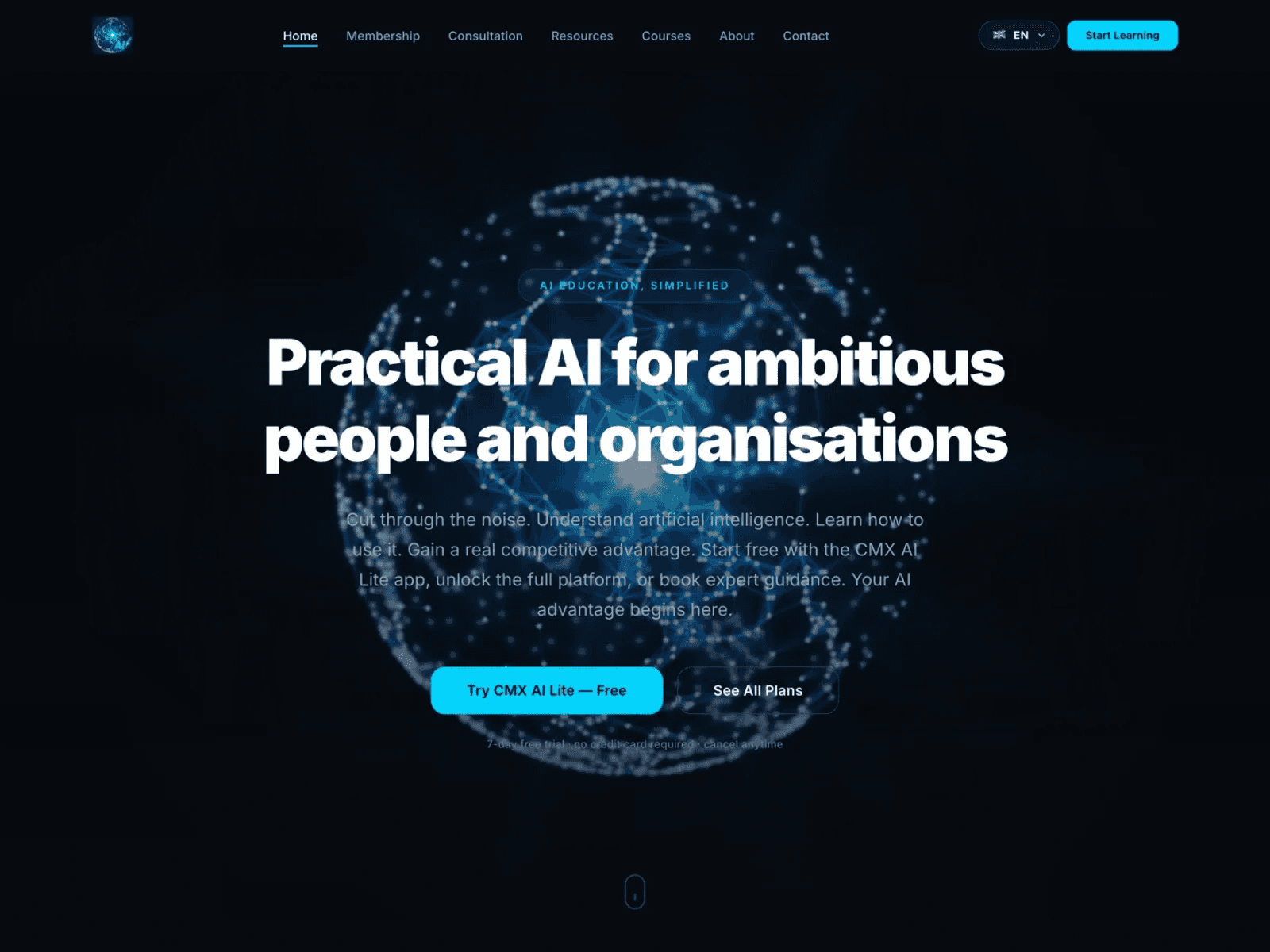 CMX AI homepage: the headline Practical AI for ambitious people and organisations, over a glowing globe of connected points