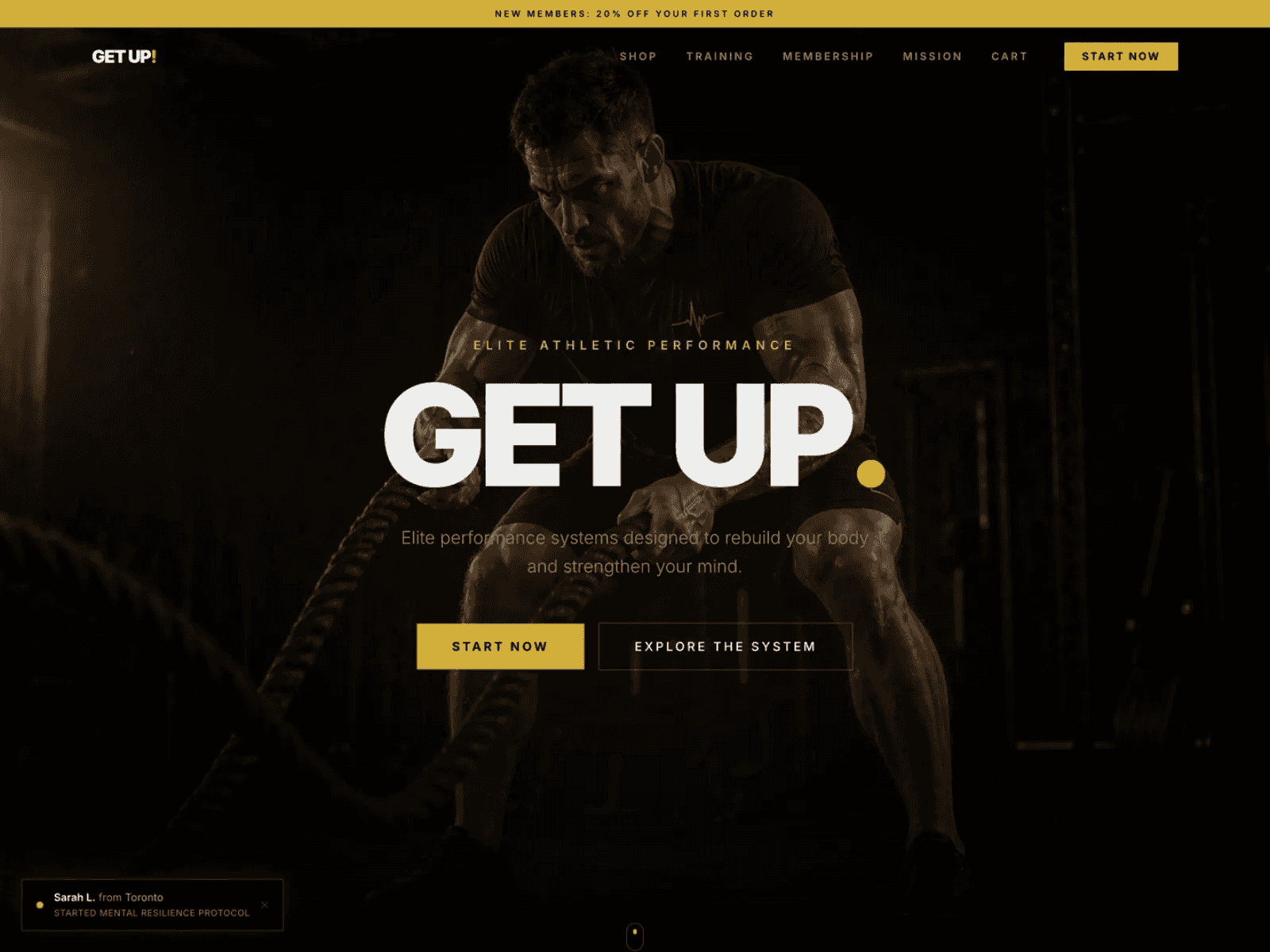 Get Up Fitness homepage: a huge GET UP headline over a dark photograph of an athlete training with battle ropes