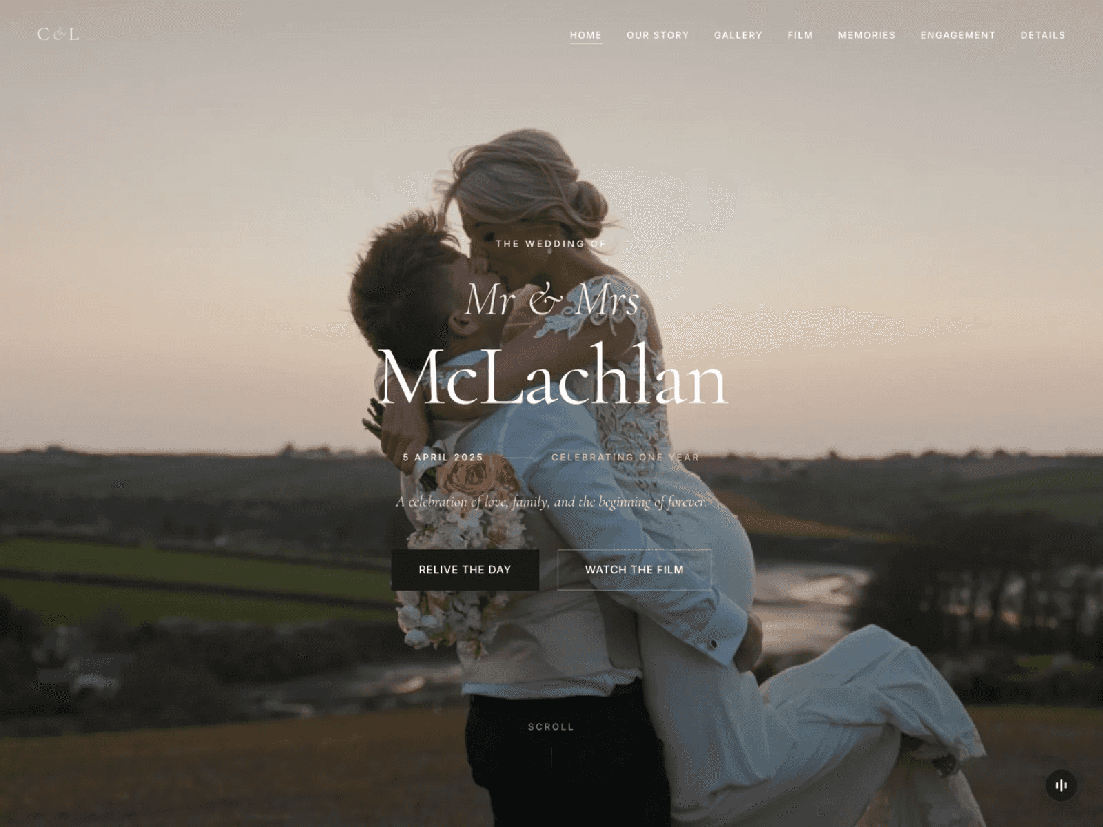 McLachlan homepage: the name McLachlan set in a large serif over a sunset photograph of a couple on a Cornish hillside